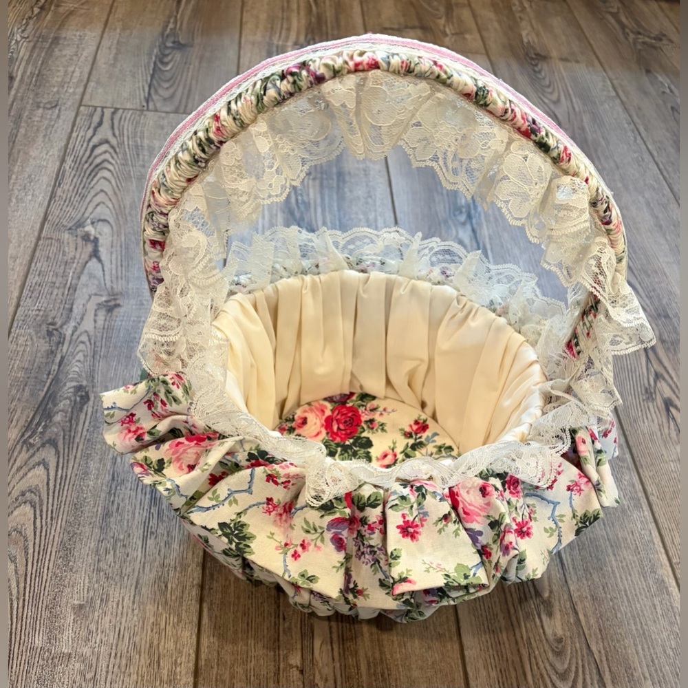 Vintage Floral Fabric & Lace Ruffled Basket Cottagecore Decor